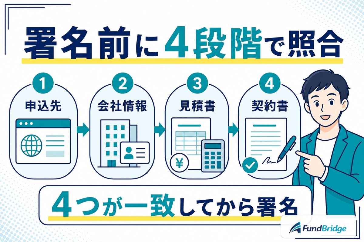 うりかけ堂の申込先・会社情報・見積書・契約書を4段階で照合する図