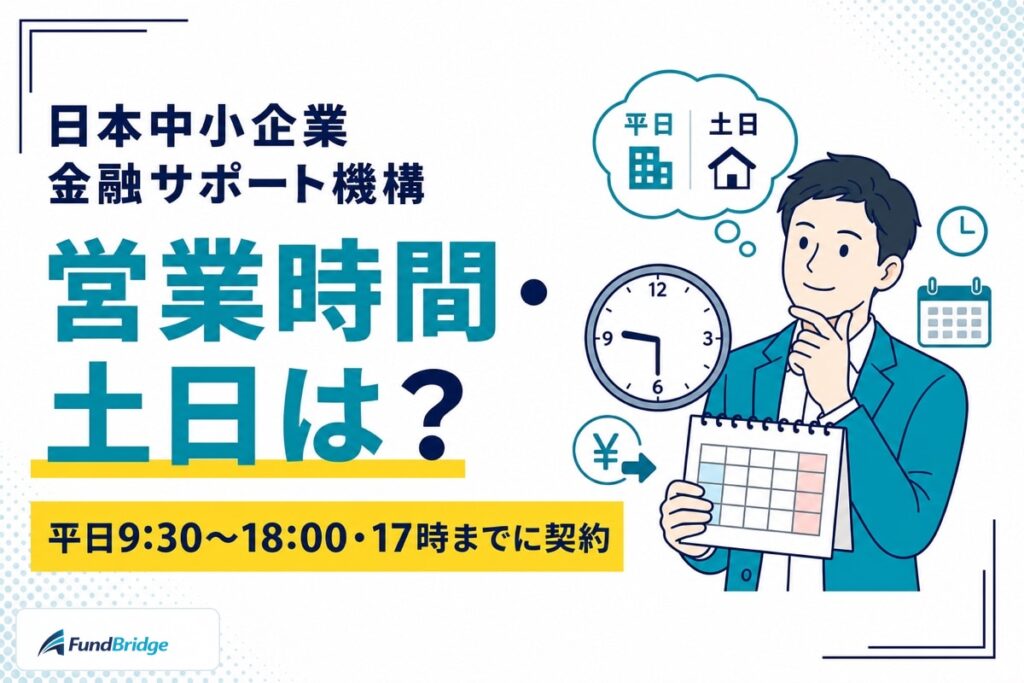 日本中小企業金融サポート機構の営業時間・土日対応・17時までの契約締切を時計とカレンダーで解説するイラスト