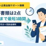 日本中小企業金融サポート機構の必要書類2点と最短3時間の入金速度を示すイラスト