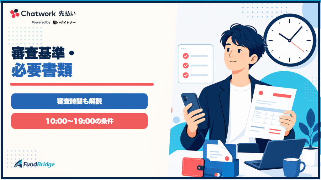 Chatwork 先払いの審査基準・必要書類・審査時間をイラストで示すアイキャッチ