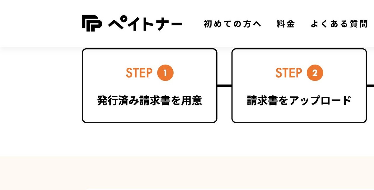 ペイトナー公式サイトの利用フロー画面。発行済み請求書の用意と請求書のアップロードを示す